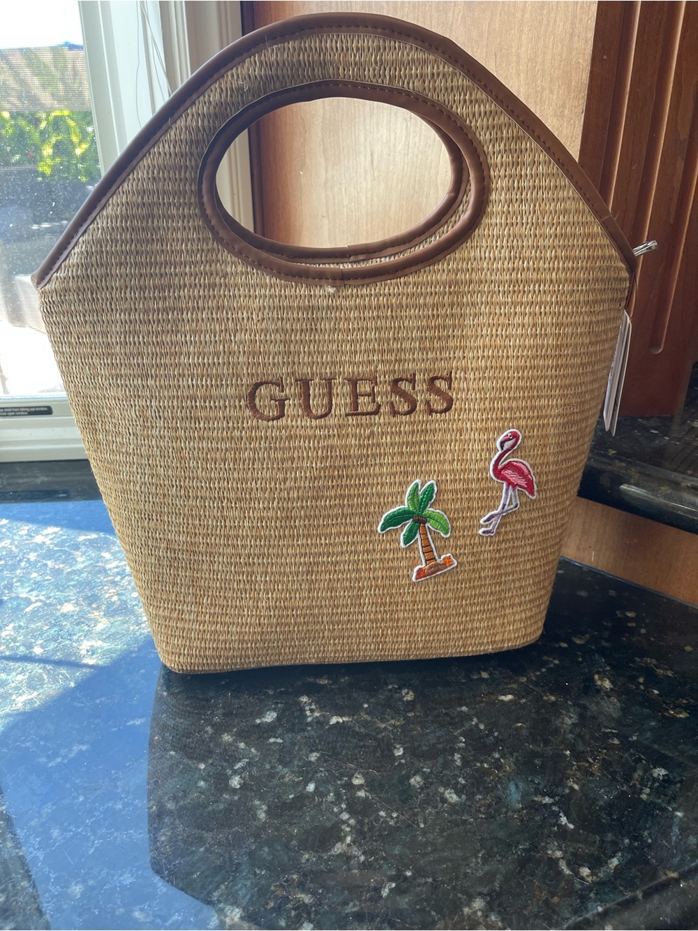 GUESS Tan Straw Tote with Embroidered Flamingo & Palm